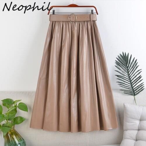 Neophil 2021 Winter Women PU Faux Leather Midi Skirts Fashion Vintage Sashes A-Line High Waist Flare Belt Skirt Longa Saia S92N6