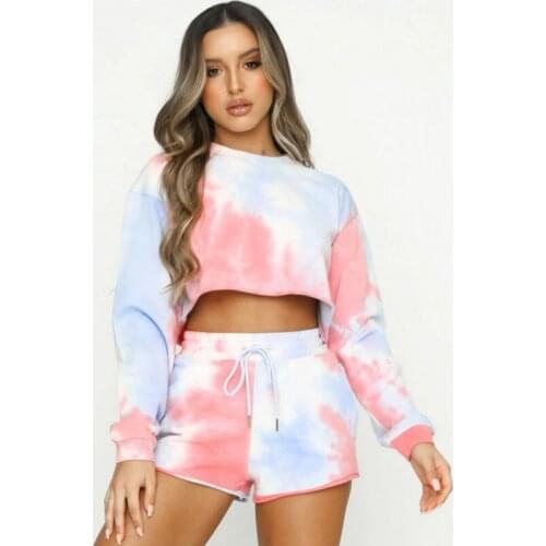 Womens Gradient Yoga Set Sexy Long-Sleeve Cropped Top Loose Elastic Casual Party Round Neck Dye Printed Shorts Tracksuit