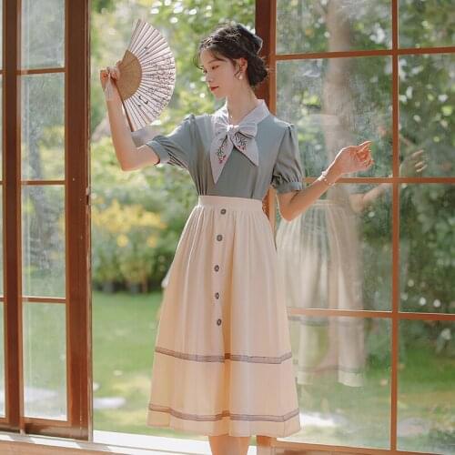 Kawaii Sweet Two Piece Set Women Summer Short Sleeved Bow Embroidery Sweet Cute Blouse+Literary Retro Skirt Suit