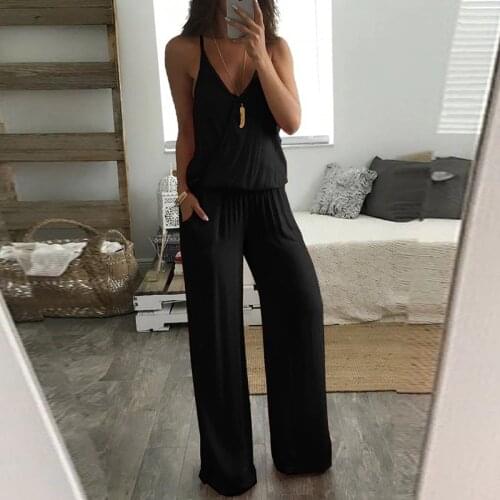 2019 Popular Womens Solid Jumpsuit Casual Loose Sleeveless V Neck Jumpsuit Ladies Wide Leg Pants Playsuit Romper Black Blue Red