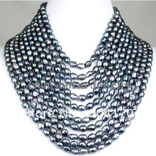 Charms 10 Rows Black Baroque Pearl Necklace Luxury Pearl Party Jewelry Free Shipping FP139