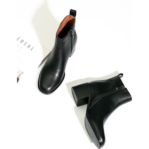 DUIDIBASIC Genuine Cow Leather Thick-heeled boots women leather single boots square toe short boots thick-soled ankle boots