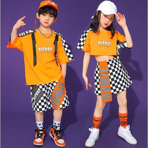 2021 Jazz Dance Costumes For Kids Children Orange Hiphop Suit Girls Boys Modern Dance Hip Hop Clothing Performance Wear DN7982