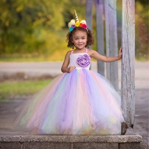 Girls Unicorn Flower Dress Kids Pastel Tutu Dress Crochet Tulle Dresses Ball Gown with Hairbow Set Children Party Costumes Dress
