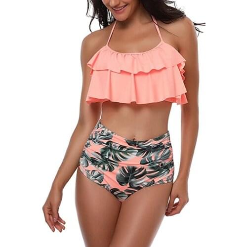 Womens Retro Flounce Falbala Bikini High Waist Push Up Swimsuit Set Solid Top Print Bottom Bathing Suits 2018
