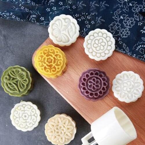 100g Mooncake Mold 4 Flowers Stamps Round Barrel Hand Press Moon Cake Pastry Mould DIY Bakware Mid-autumn Festival