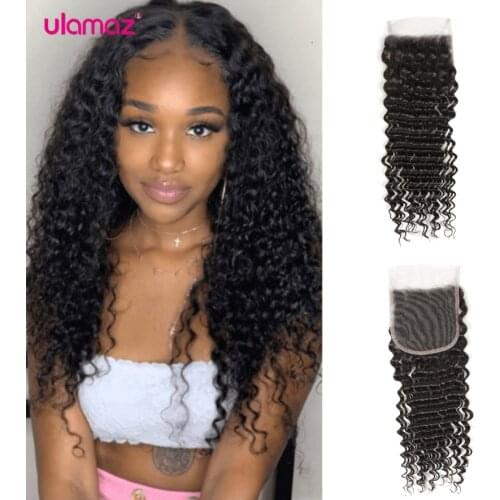 Deep Wave 4x4 Transparent Lace Closure Brazilian Human Remy Hair 5x5 Lace Frontal Natural Color Pre-plucked Hairline 150