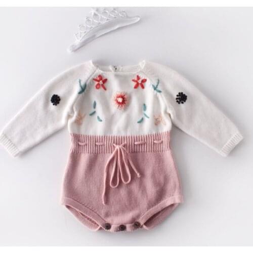 Ins Hot Sale Kid Girls Emboridery Knit Long Sleeve Romper