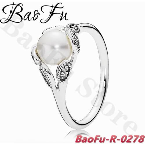 BaoFu Genuine 925 Sterling Silver Ring Bright Leaf Pearl Romantic Ring Suitable for Original European Female Jewelry
