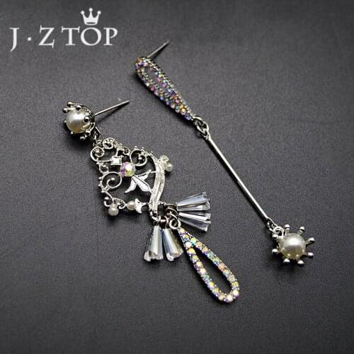 JZTOP Cute Clown Cartoon Crystal Drop Earrings Woman Luxury Imitation Pearls Asymmetric Long Dangle Earring Female Oorbellen
