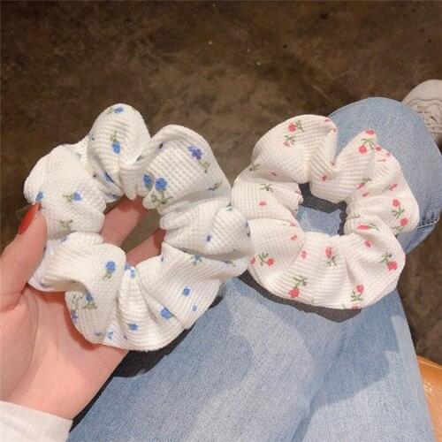 Fashion White Cloth Floral Printed Womens Hair Scrunchies Hair Tie Hair Accessories Ponytail Holder Summer Girls Hair Rope