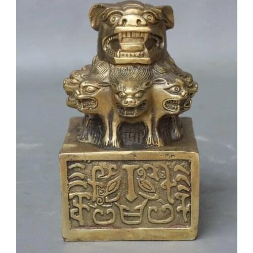 Folk China Brass Dynasty Fu Foo Dog Lion Head Statue imperial Seal Stamp Signet