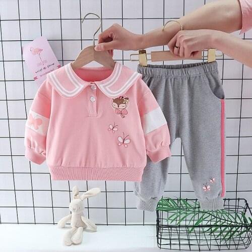 Baby girl clothes spring and autumn pure cotton long-sleeved suit 0-4T girl cartoon cute girl lapel costume baby 2-piece set