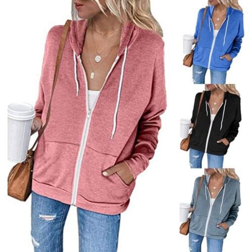 Autumn and Winter Ladies Hoodie Solid Color Drawstring Casual Pocket Jacket Zipper Warm And Light Sweatshirt Fashion