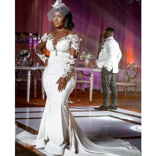 Arabic Custom Made Mermaid Wedding Dresses Plus Size Long Sleeves 3D Floral Appliques Satin Bridal Gowns Long Vestidos De Novia