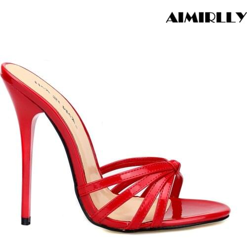 Summer Womens Open Toe High Heels Sandals Strappy Mules Shoes Ladies Fashion Casual Slipper Footwear Patent Leather Big Size
