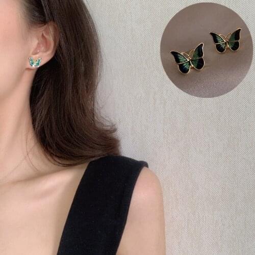 Cute Green Enamel Butterfly Stud Earrings Delicate Gold Color Mini Ear Studs Trendy Women Ear Nails Jewelry Earrings for Women