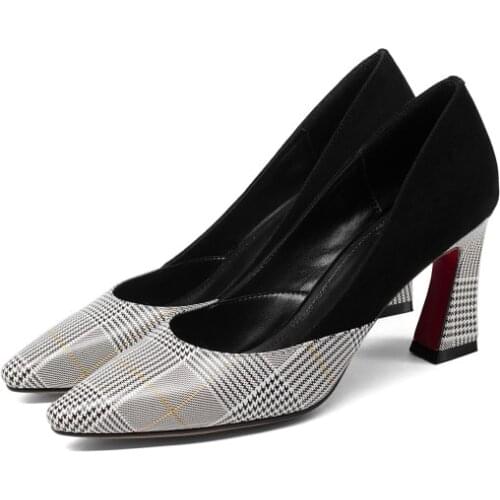 Big Size 9 10 11 12 Ladies High Heels Women Shoes Woman Pumps Light-mouthed single shoe with pointed checked pattern