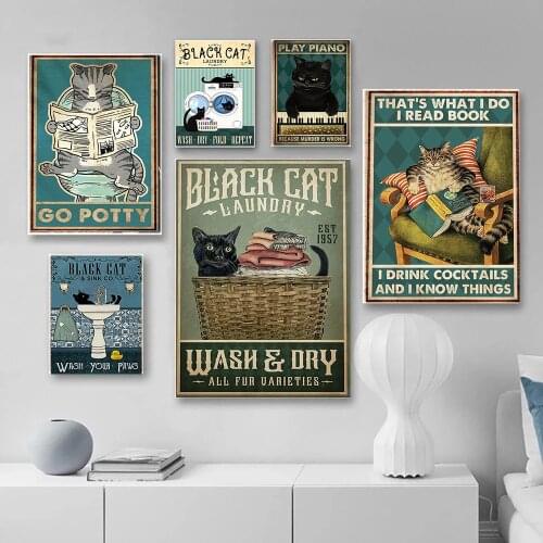 Mental Black Cat Poster Wash Your Paws Art Print Vintage Hello Sweet Cheeks Funny Bathroom Canvas Painting Laundry Home Decor