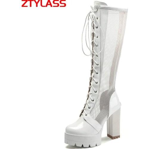 2021 Summer Spring Female Platform Zipper Knee High Boots Breathable Hollow Mesh Boots Women Cross Tied Thick High Heel Boots