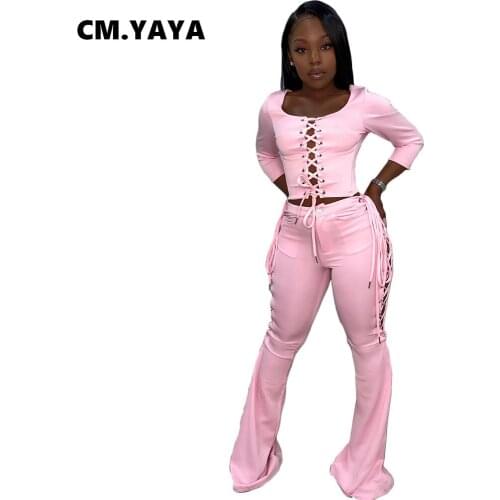 CM.YAYA Women Set Solid Bandage Crop Tops + Flare Pants Two 2 Piece Sets Fashion Outfits Sexy Streetwear Pants Set Autumn 2021