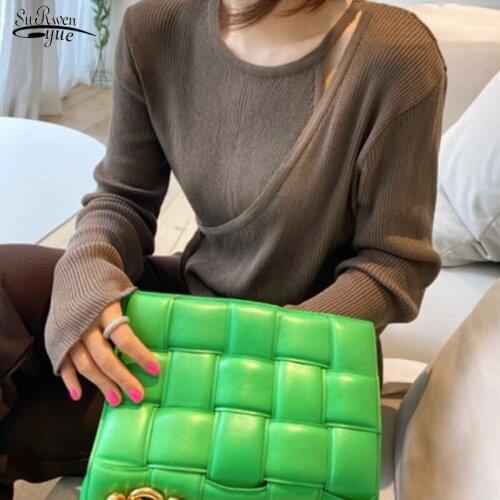 Autumn and Winter New Korea Chic Irregular Hollow Round Neck Sweater Fake Two Pieces Long Sleeves Knitted Tops Pull Femme 16478