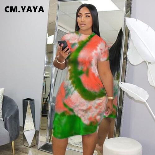 CM.YAYA Women Dress Print Short Sleeve O-neck Sheath Elastic Knee Length Dresses Female Casual Summer Outfits 2021