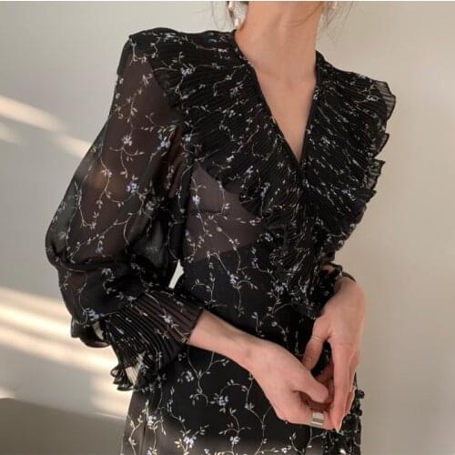 Hstar 2021 Spring Women Elegant Ruffle Flare Sleeve Lace Up Hight Waist Dress OL Black Yellow V-neck Chiffon Holiday Vestidos