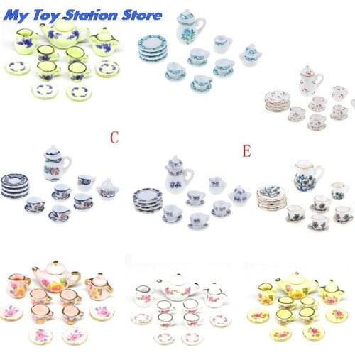 1/12 Dollhouse Miniature Porcelain Flowers Theme Mugs Dish Cups Pot Set ＆ Spice jar Doll House Accessories For Dollhouse Decals