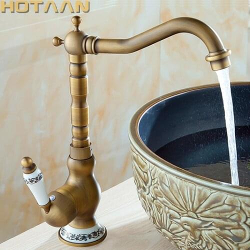 Antique Brass Basin Faucets Bathroom Sink Mixer Deck Mounted Single Handle Single Hole Bathroom Faucet Brass Hot and Cold Tap