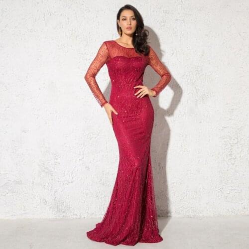 Burgundy Glittered Long Evening Party Dress Full Sleeved Backless O Neck Floor Length Shiny Dress
