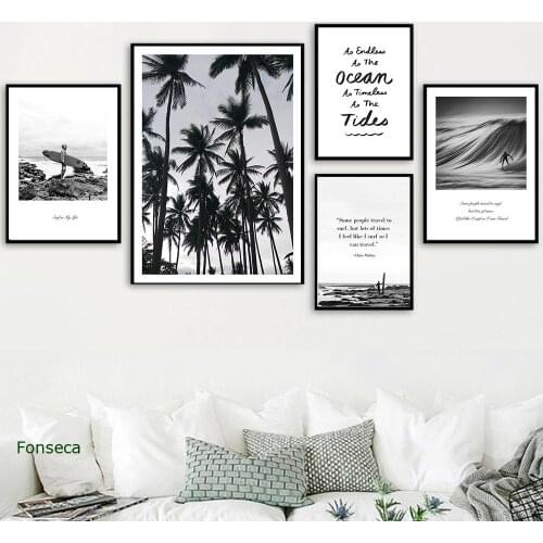 Black White Beach Surfing Life Quotes Canvas Painting Vintage Retro Travel Palm Tree Poster Wall Art Pictures Home Decor Gift