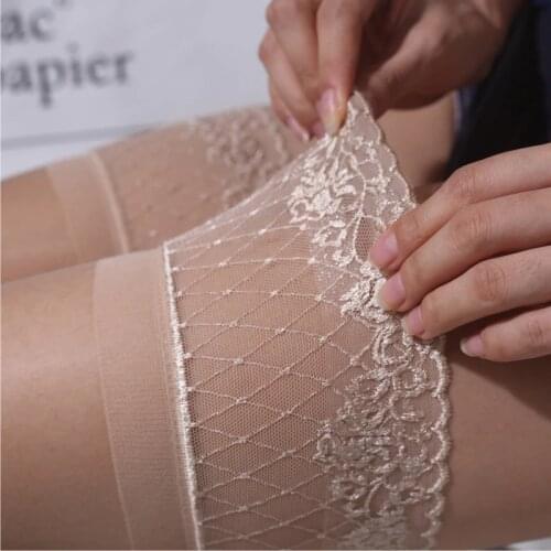 Retro Oil Flashing Stockings Women Sexy Transparent Lingerie 15D Lace Top Silicone Stay Up Thigh High Stockings Glossy Medias