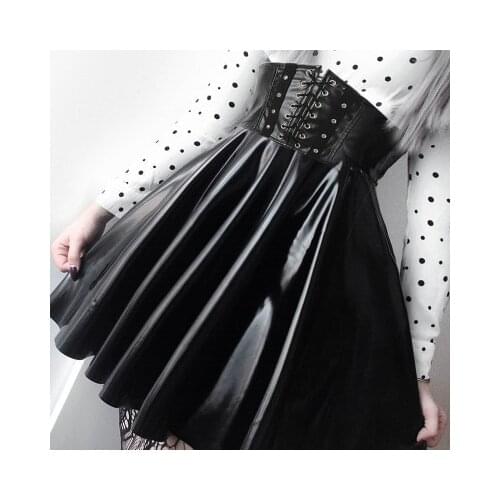 Gothic Harajuku Gothic skirt Faux Leather Cross Lace Up High Black Mini Pleated Spring Party Pu Skirts Womens Skirt Gothic