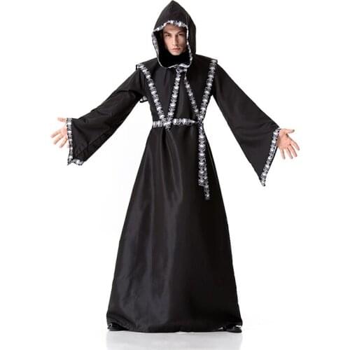 Disguise Men Medieval Monk Cosplay Wizard Hooded Robe Friar Priest Church Cowl Halloween Costume Adult Men Black Wizard Robe