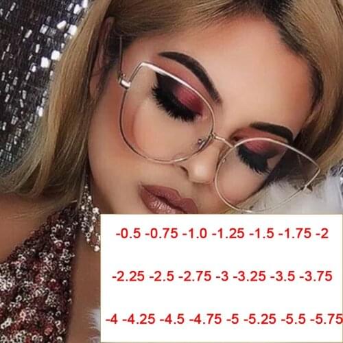 Fashion Metal Cat Eye Blue Light Blocking Myopia Glasses Reduce Radiation Transparent Prescription Glasses Dioptor -0.5~-6.0na'm