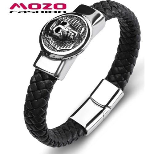 MOZO Fashion Trendy Egypt Skull Leather Stainless Steel Simple Bracelets Man Collocation Punk Cuff Jewelry PS2136