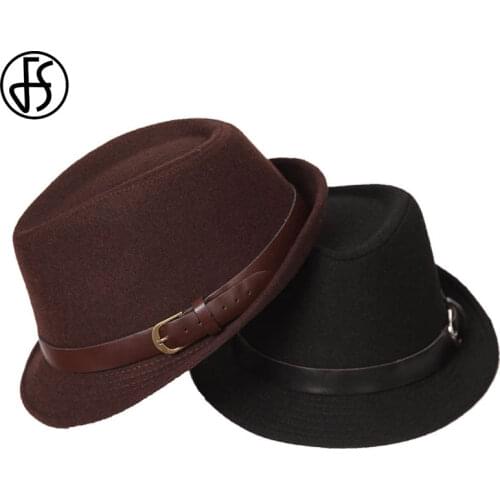 FS Classic Autumn Winter Mens Wool Hat Jazz Fedora With Belt Women Wide Brim Trilby Black Gray Brown Felt Top Hats Gentleman