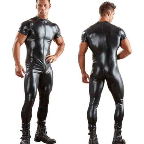 Sexy Men Two Way Zipper Open Crotch Bodysuit PU Shiny Catsuit Jumpsuit Erotic Costumes Club Punk Playsuit Gay Wear Plus Size F42