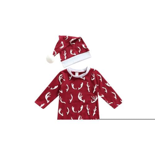 New 2Pcs Baby Boys Girls Outfit, Toddlers Creative Antler Printing Long Sleeve Round Collar Footed Jumpsuit + Plush Ball Cap