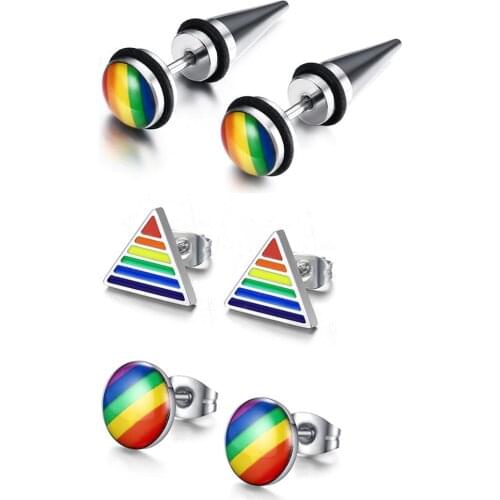 Boniskiss Hot Sale LGBT Rainbow Earring Gay Pride Spike Stud Earrings for Men Women Charm Stainless Steel Fashion Brincos Gift