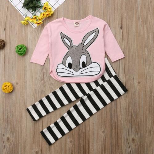 Infant Kids Baby Girl Cartoon Print Sweater Shirt+ Striped Pants Outfit 6 M- 5Year Lovely Cartoon rabbit girls suit fashion set
