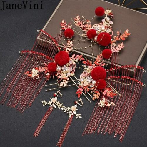 JaneVini Traditional China Bride Wedding Headdress Set Xiuhe Hanfu Headdress Red Beaded Bridal Hair Sticks Hairpin Earrings 2020