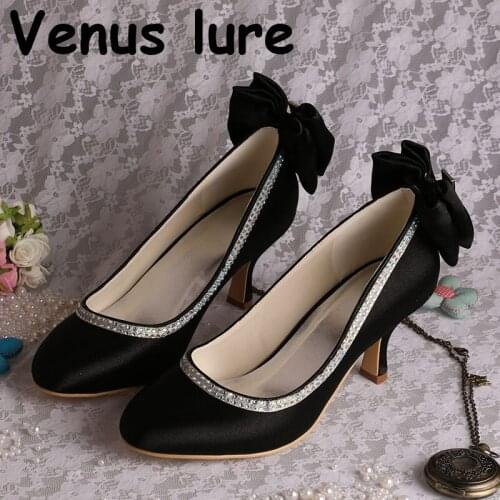 Round Toe Women Shoes Wedding Black Satin Mid Heel Evening Wear Shoes Bow Pumps