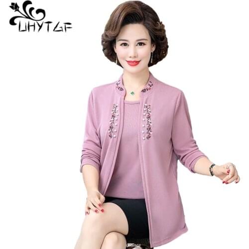 UHYTGF New Mother Autumn T Shirt Fashion Fake Two-Piece Knitted Cardigan Women Coat Pullover Casual Loose 5XL Plus Size Tops1973