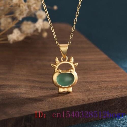 Green Jade Cattle Pendant Chalcedony Crystal Zircon Amulet Natural Chinese 925 Silver Gifts Women Charm Necklace Gemstone