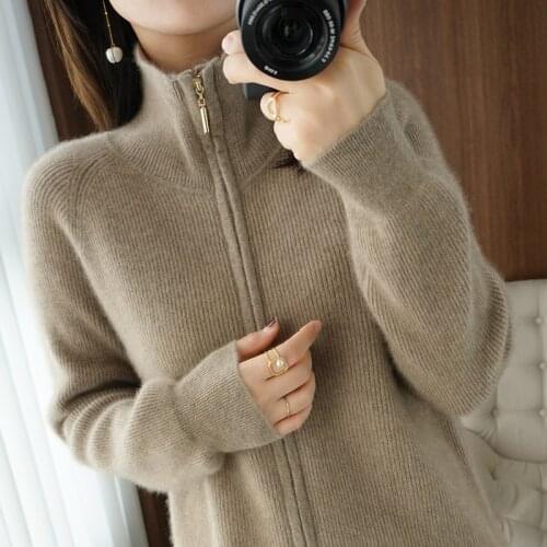 Womens sweater winter 100% wool cardigan zipper turtleneck cashmere sweater casual solid color plus size ladies knitted tops