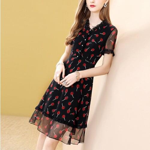 Cherry Black Dress Chiffon Puff Sleeve Women Vintage Dress Casual Slim A-Line 2021 Summer Elegant Print Dresses Short Sleeve