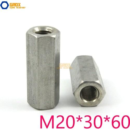 2 Pieces M20*30*60mm Hex Rod Coupling Nut 304 Stainless Steel