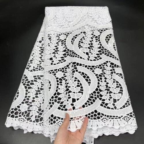 2021 Pure White High Quality African Guipure Cord Water Soluble Lace Fabric With Sequins Material French Mesh For Festival Dress